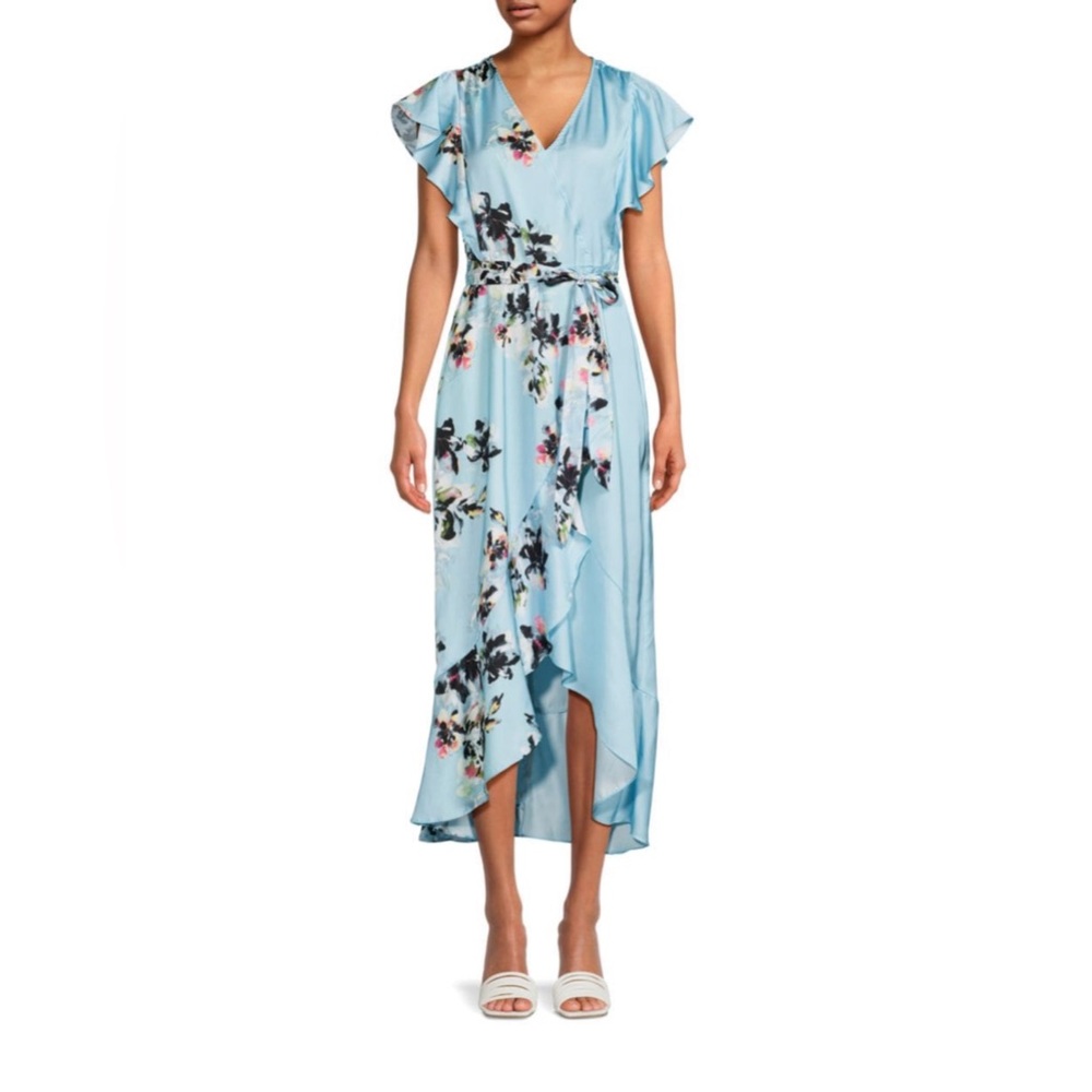H HALSTON Floral Ruffle High Low Wrap Dress Size Small